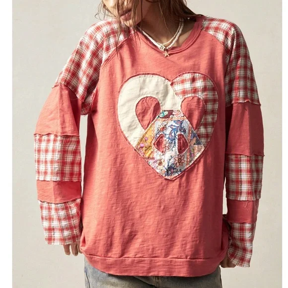 Boho Floral Print Plaid Print Heart Peach Sign Color Block Top - Picture 3 of 6